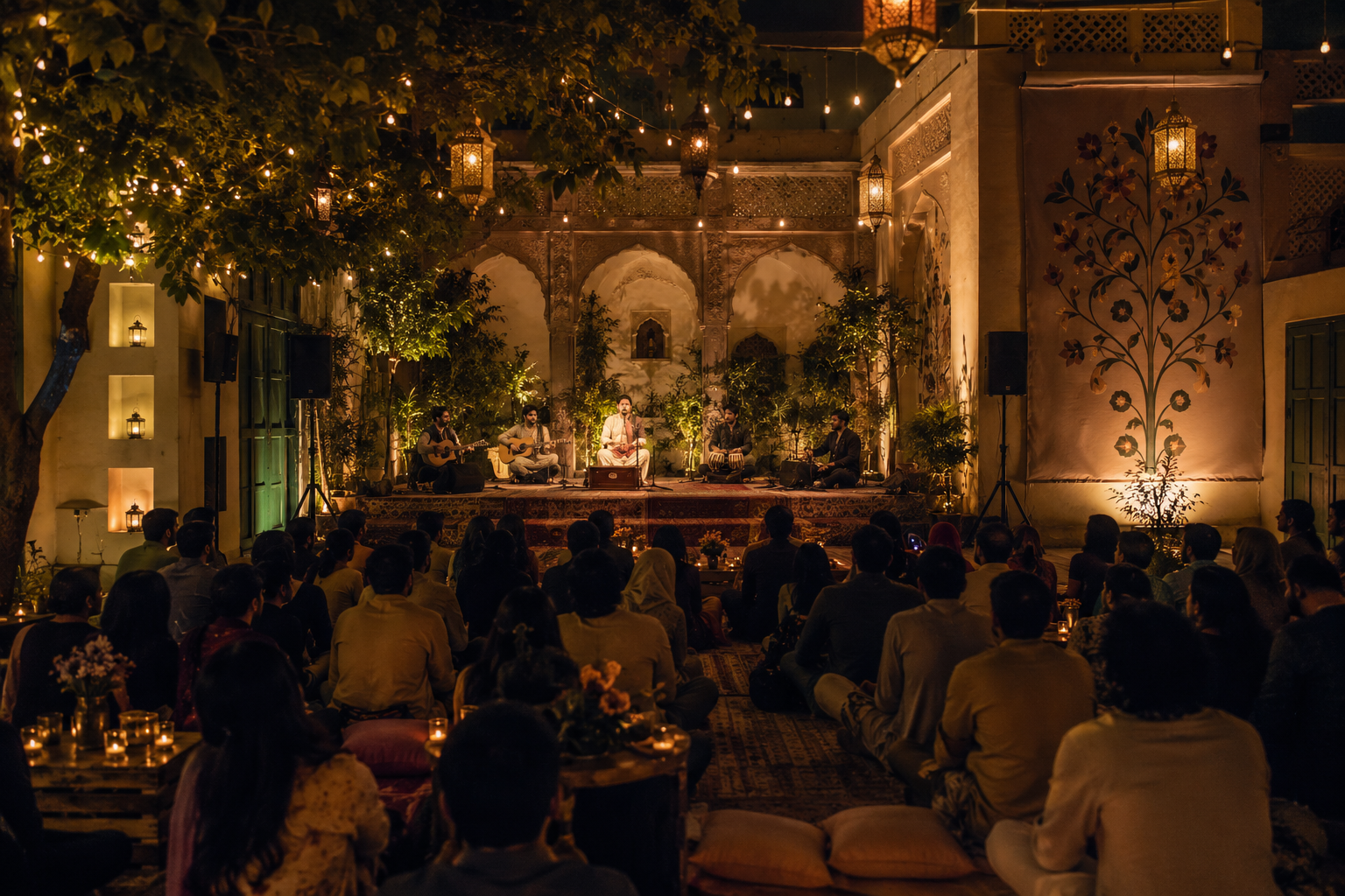 Intimate courtyard live music performance in Lahore
