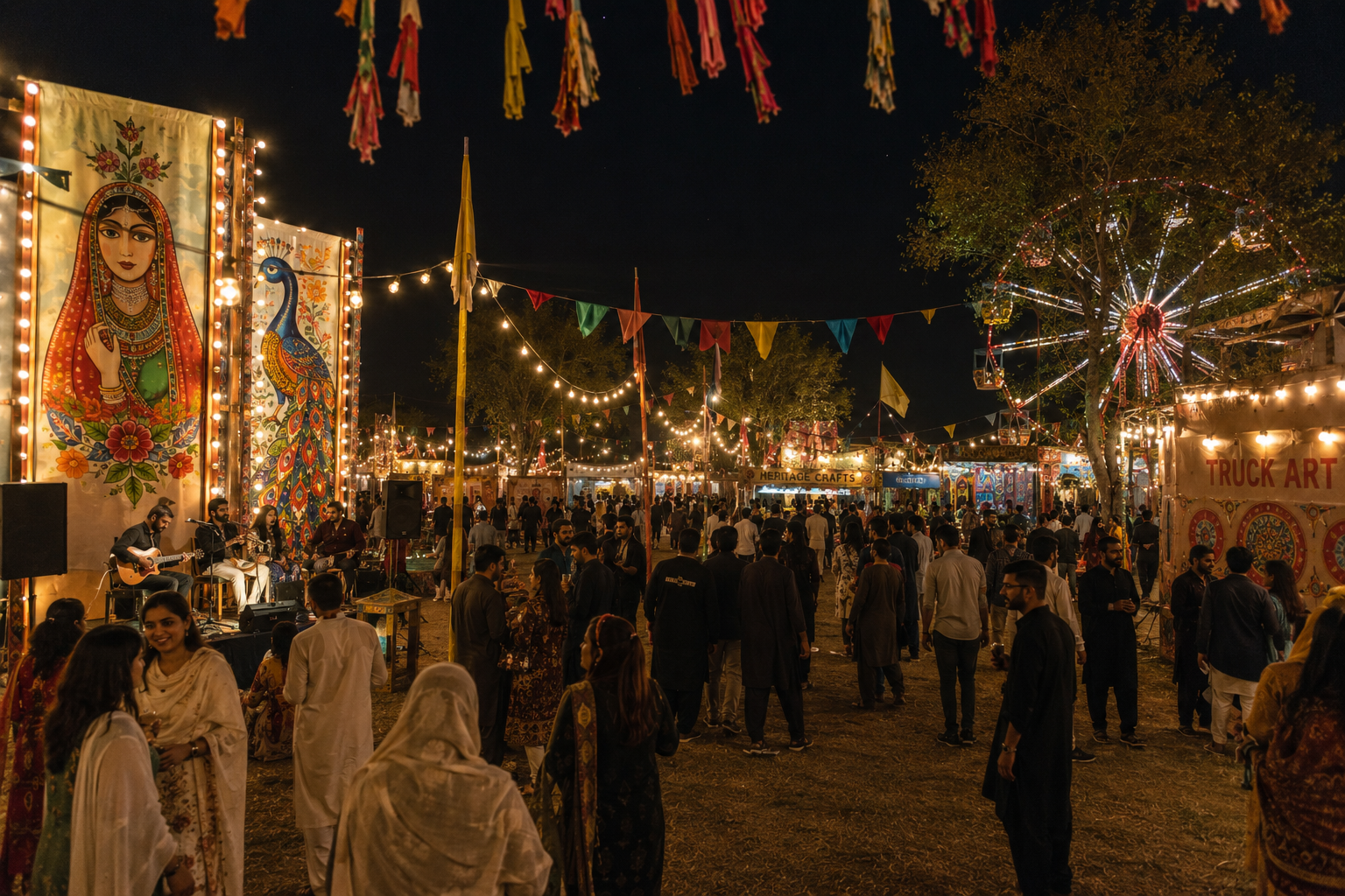 Heritage festival with truck art and live music at night