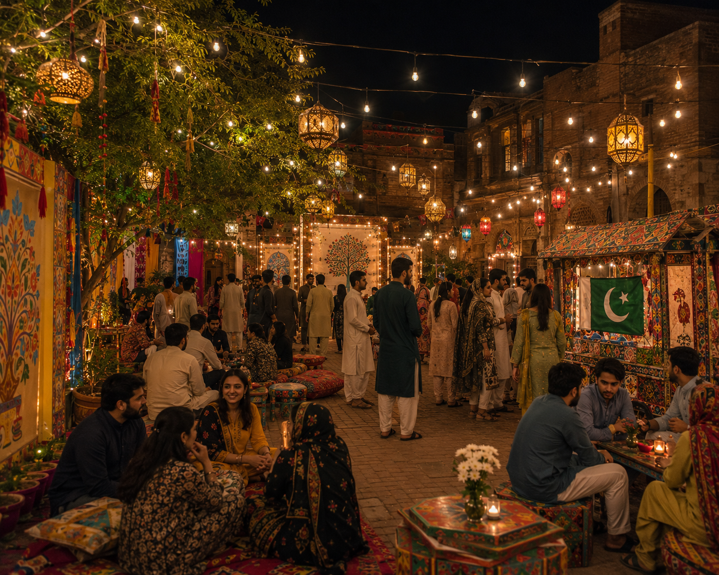 Nighttime cultural gathering with truck art and lanterns