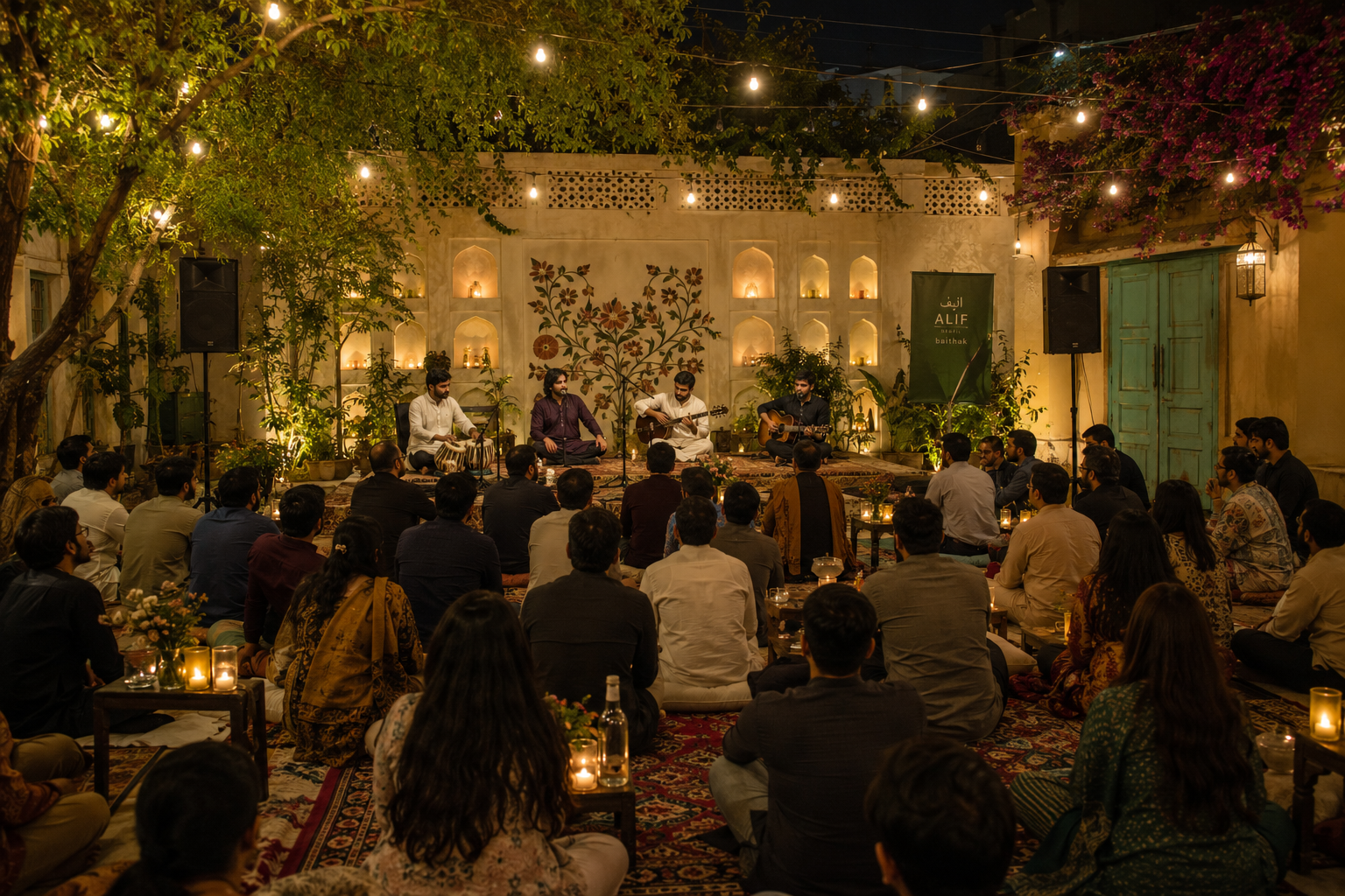 Traditional baithak music gathering under string lights